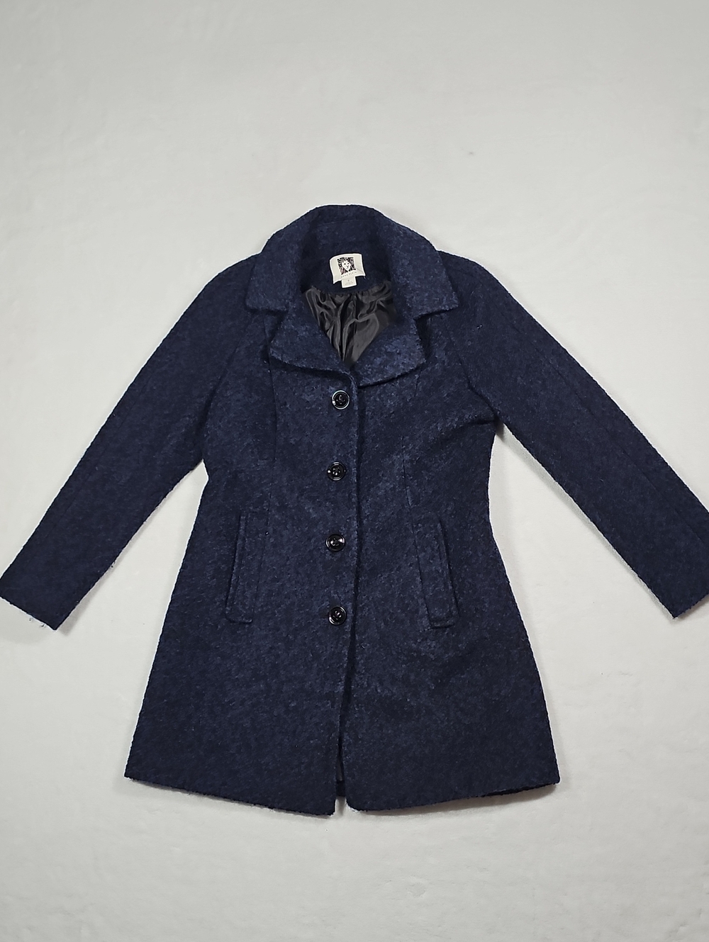 Anne Klein‎ Navy Blue Wool Blend Boucle Pea Coat Womens Small Mid Length Jacket
